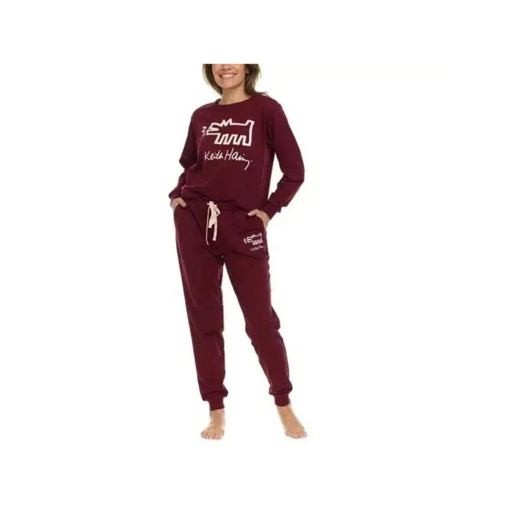 NWT Keith Haring Ladies' M Lounge Set Burgundy Soft Cotton Blend 2-Piece Set